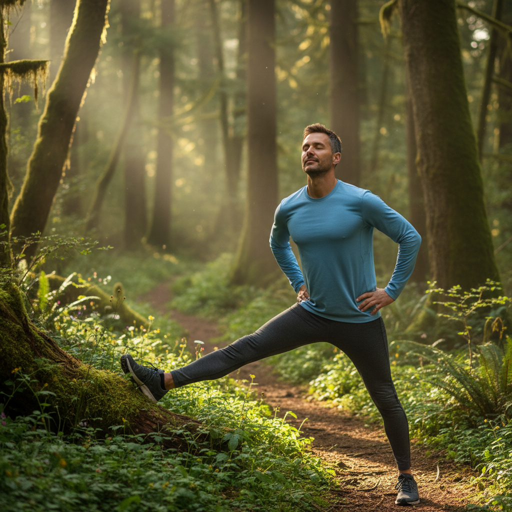 Man som stretchar i lugn takt vid kanten av en skog i morgonljuset, omgiven av grönska