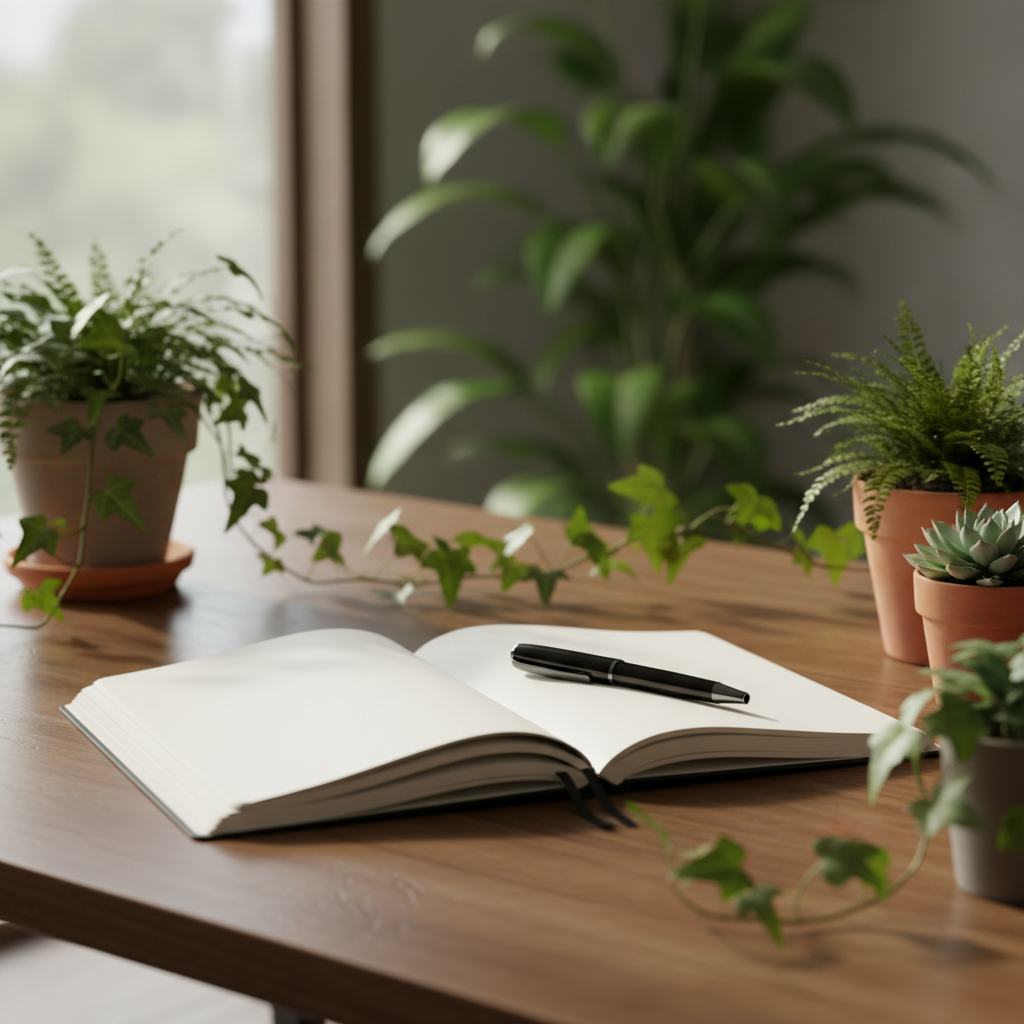 Öppen anteckningsbok på ett träbord i naturligt ljus, omgiven av gröna växter — en symbol för reflektion och lärande