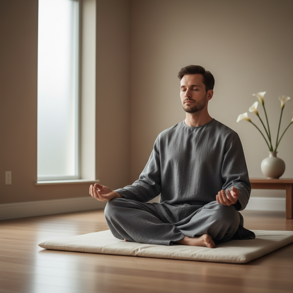 Man som mediterar i ett stilla rum med mjukt diffust ljus, händerna vilade på knäna i lugnt fokus