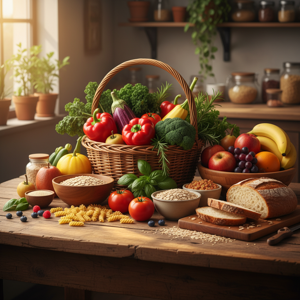 Varierat urval av färska grönsaker, frukter och fullkornsprodukter på ett rustikt köksbord i varmt naturljus