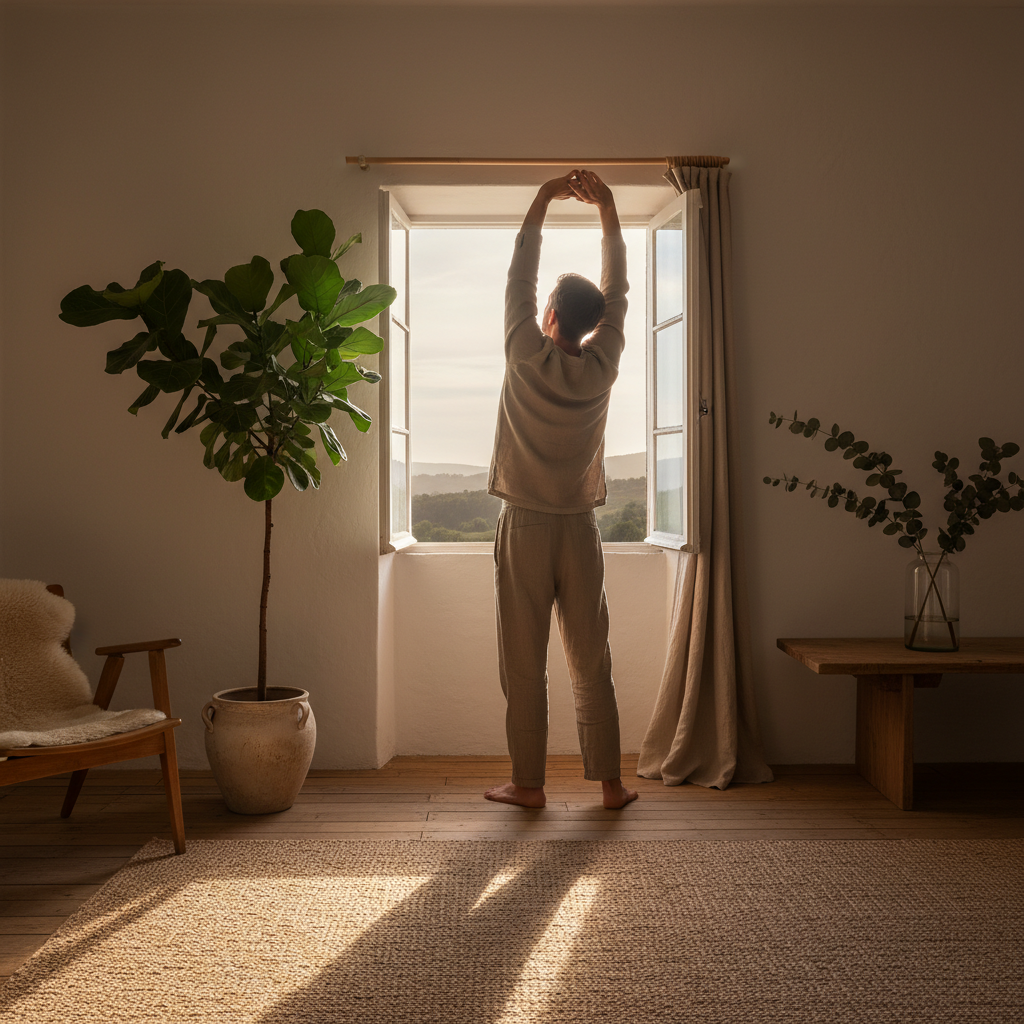 Man som sträcker sig lugnt i gryningsljuset vid ett öppet fönster, omgiven av naturliga material och varmt ljus