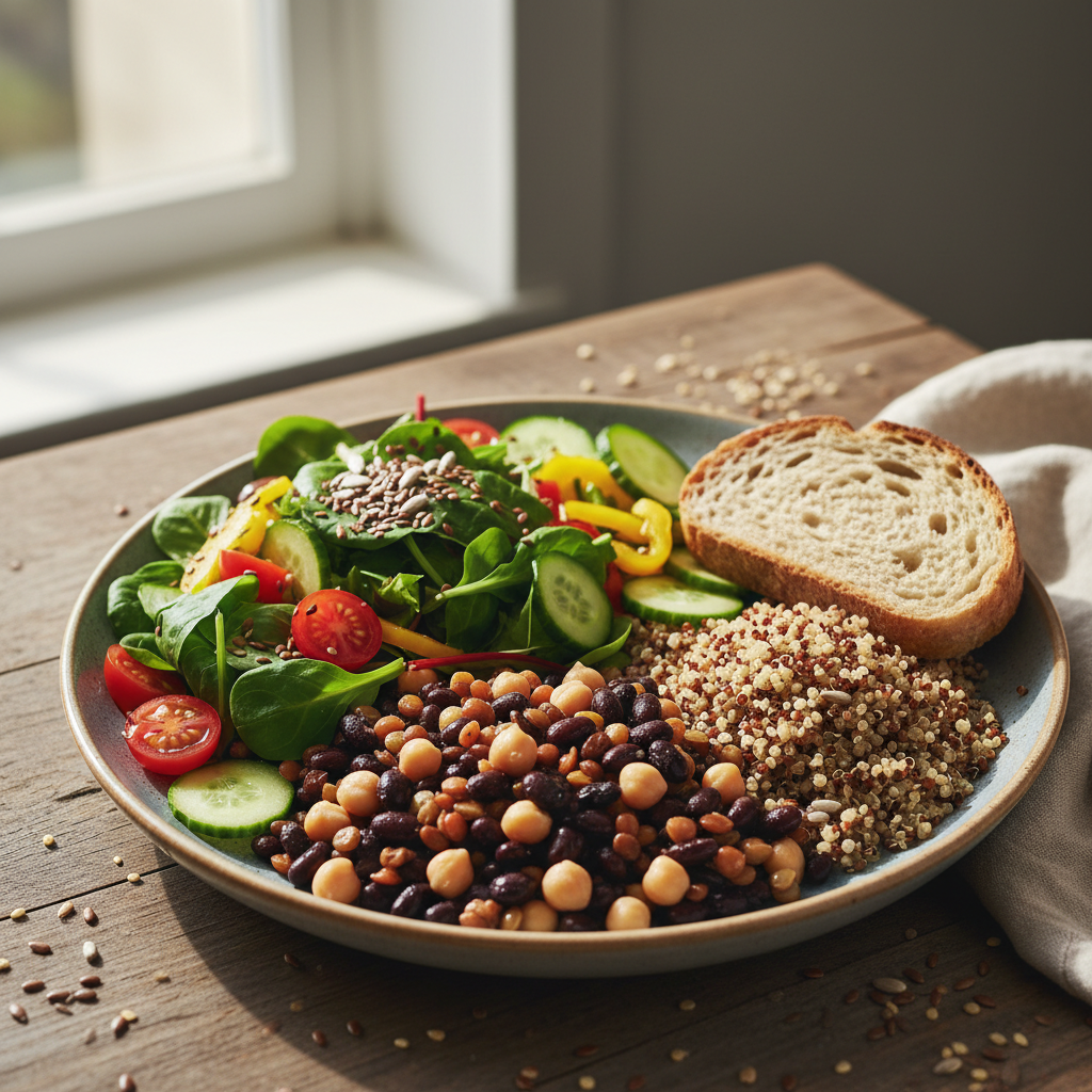 Välbalanserad tallrik med naturliga råvaror — grönsaker, baljväxter och fullkornsprodukter i naturligt dagsljus